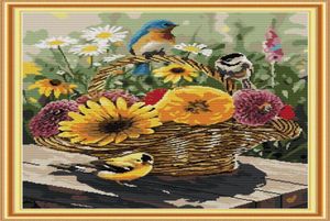 Vogel- und Blumenkorb Home Cross Stitch Kit handgefertigtes Kreuzstich Sticksteuernadelkits gezählt auf Leinwand DMC 14ct 13789683
