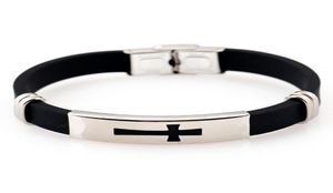 Cool Fashion Black Silicone Bracelet Charm Bristant Mens039s из нержавеющей стали Cross Bangle4120113