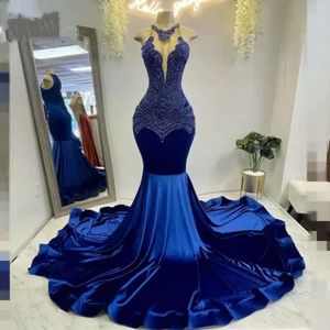 Seksi Kraliyet Mavi Veet Vestidos Gala Deniz Kızı Promu Siyah Kızlar İçin 2024 Kristal Robe De Soiree Akşam Partisi Gowns 0431