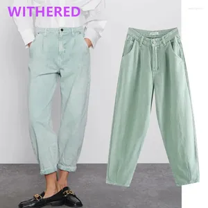 Kvinnors jeans elmsk kvinna vintage ljus grön solid lös mamma hög midja veckad rovor denim byxor pojkvän för kvinnor
