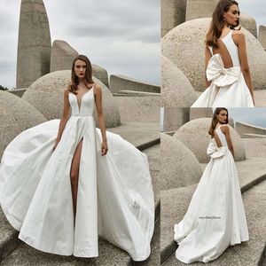 Elbeth Gillis A Line Dresses V Neck High Side Split Lace Satin Beach Bridal Gowns Backless Sweep Train Wedding Dress Robe De Soiree 0430