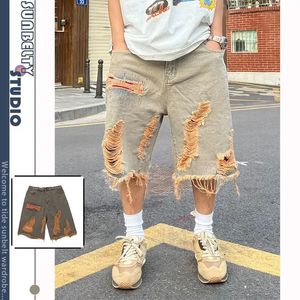 Casual Shorts Street Washed Distressed Raw Hem Ripped Denim Retro Men Clothing Summer Loose Straight Knee Length Solid Pants 240422