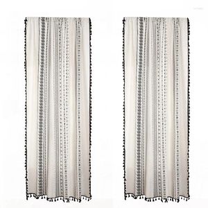 Pillow 2-Panel Boho Style Black Striped Window Curtains With Tassel Cotton Linen Curtain For Bedroom Rod Pocket Top