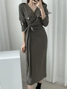 Vestidos casuais Autumn moda feminina coreana Elegante Midi Dress Office