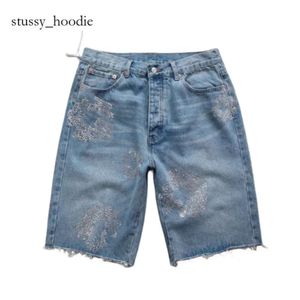 Kort jean för män denim shorts lyxiga höga qulity raka hål tätt blomma tryck kortpantar smala hiphop street denim tara svarta byxor kläder 4646