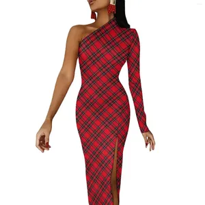 Casual Dresses Red Black Plaid Long Dress Women Lines Print Party Maxi Spring Elegant BodyCon High Slit Custom Clothing