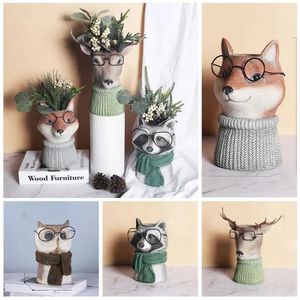 Planters Pots Owls deer raccoons animals with glasses flower vases breathable and thickened animal heads statue jars realistic resin Q240429