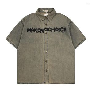 Mäns avslappnade skjortor vintage överdimensionerade hiphop -denim Harakuju tryckt streetwear -knapp upp blus för manliga korta ärmar