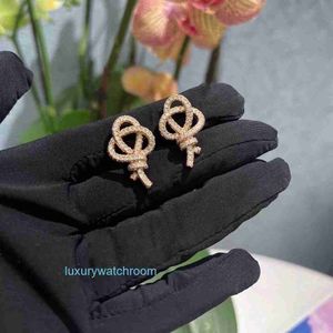 Fashion Simple Ttifeeny Earrings Versatile Woven Keys Full Diamond Key Female Rope Knots V-Gold High Edition