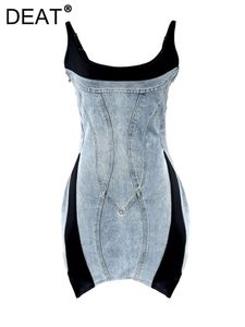 DEAT Kvinnor denim Slim Stretch Patchwork Design Kontrast Färg Hög midja Slingsklänning 2024 Sommar Nytt mode 11xx8995