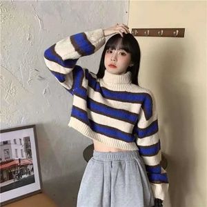 Women's Sweaters Autumn long sleeved striped knitted sweater for womens Y2K fashion plain neck crop puller Korean fashion loose street clothing short jumperL2404