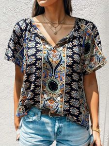 Women's Blouses Shirts Women Fashion Floral Printed Blouses Shirts Casual O Neck Short Slve Shirts Tops Ladies Loose Chic Blouse Top Y240426