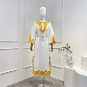 Casual Dresses Linen 2024 Spring Summer Top Quality Vintage White Yellow Lace Patchwork Brodery Button Woman Midi Dress