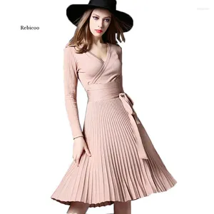 Casual Dresses Winter Knitted Sweater Dress Women Long Sleeve Elegant Pleated Midi Ladies Party Vestidos