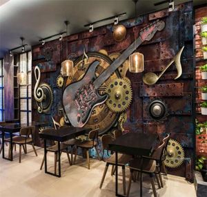 Custom Mural Wallpaper Wall Covering Retro Metal Gears Musical Notes Guitar Bar KTV Background Picture Decoration Wall Painting1464393