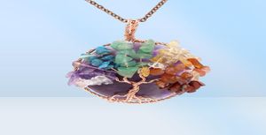 7 Chakra Healing Crystal Natural Round Gemstone Pendant Necklace Tree of Life Copper Wire Wrapped Reiki Jewelry for Women1268881