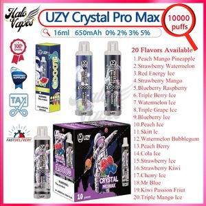 Uzy Crystal Pro Max 10000 Puff Disponível E Cigarros E 1.2OHM Bobina de malha 16 ml Preso preenchido 650 mAh Bateria recarregável 0% 2% 3% 5% Pushs 10k Vape caneta