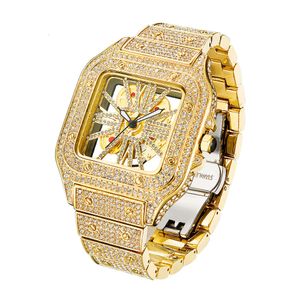 Hip Hop White Gold Plated Gemstone Square Mens Sports Automatic Mechanical Watch Fully Iced Out Stainless Steel Diamonds