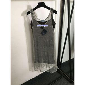 Women's plus size T-shirt with round neck embroidery and printed polar style summer street hot diamond mesh hollowed out perspective suspender vest dress