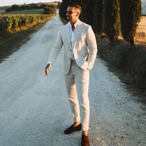 Linen Wedding Tuxedo Slim Fit Men Suit Notched Lapel Jacket with Pants 2 Pieces Set for Summer 240430