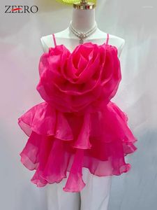 Czołgi damskie Summer Sexy Sweet Różowe ogromne kwiaty Camis Tank Top dla kobiet warstwy marszki Y2K Top