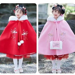 Down Coat Red Pink Hanfu Cloak Winter Shawl Warm Thicken Overwear Traditional Chinese Year Ancient Toddler Baby Girl Outdoors