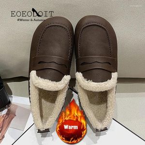 Lässige Schuhe Frau Plus Size Flats Vlies Fleece Gefüttertes Ladungslaafer Leder Flachheel warmer Schnee Antiskid