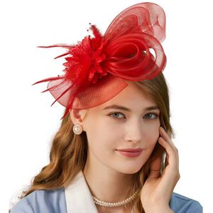 Wide Brim Hats Bucket Hats Women Flower Mesh Ribbons Feathers Fascinator Brides Hair Accessories Headband or a Clip Cocktail Tea Party Headwewar for Girls Y240426