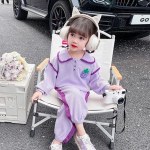 Spring Children Girl 2PCS Clothes Set Cotton Turn Down Collar Grape Pullovers Outfit Spliced Jogger Pant Kid Tracksuit 240426