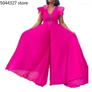 Ethnic Clothing Elegant African Woman Jumpsuit For Party Short Sleeve Rompers Clothes Black White Rose Red With Belt