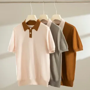 Camisolas masculinas Merino lã de lapela de mangas curtas Camiseta de camiseta verão 24 colorido de malha Bloqueio de negócios Casual Business Pullover