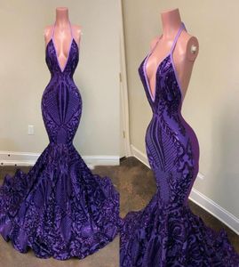 2022 Purple Sparkly Sequined Lace Long Prom Dresses Sexig backless grimma African Girls Mermaid Sequin Women Formal Evening Party 3003998