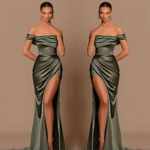 Elegant Olive Off Shoulder Bridesmaid Dresses Sheath Mermaid Backless Pleats SPlit Maid of Honor Gowns Women Formal Evening Prom Dress