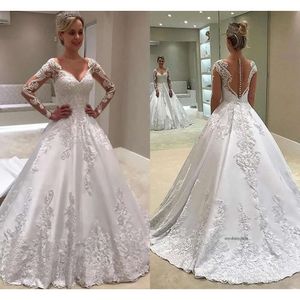 Modest Long Sleeve A Line Plus Size Dresses Illusion Back With Button Jewel Neck Appliques Wedding Dress Vestidos Bridal Gowns 0430
