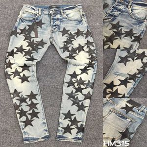 Falection Mens 21ss Amimike Jeans Greated Leather Stars Patch Patch Jeinm Jeans 293r