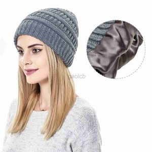 Mütze/Schädelkappen 2022 Mode neue 9 Farben Damen Winter warm gestrickter Hut Satin Seidenkabel Strick Beanie Chunky Slouchy Schädelkappe D240429