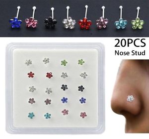 20PCSBOX Body Nose Piercing smycken näsa ringar silver näsa studs för kvinnor färgade kristallblomma nagel smycken hela SH1907279250156