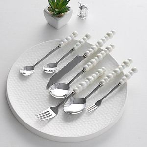 Zestawy zastaw obiadowych Ceramiczna Perła Rękoło Zestaw sztućców ze stali nierdzewnej Zachodnie zastawa stołowa Camping Fork łyżka Kompletny łyżki obiadowe widelce