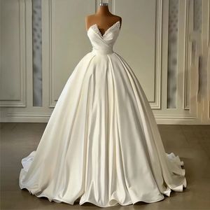 Gorgeous Wedding Dress 2024 Princess Ball Gown V-neck Beads Pearls Satin Lace Up Dubai Bridal Gowns Robe De Mariee