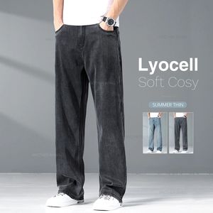 Summer Ice Silk Thin ljusgrå jeans för män Lossa bredben plus storlek Casual byxor Högkvalitativ stretch Mjuka tygbyxor 240422