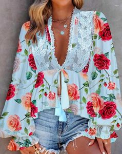 Women's T Shirts Top Women 2024 Spring Fashion Floral Print Frill Hem Lantern Sleeve Casual Plunge Long Tied Detail Daily Y2K Clothes