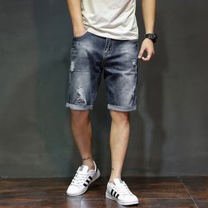 Summer Mens Denim Shorts Fashion Slim Fit Elastic Cotton Blue Wash Ripped Jeans Mane Brand Clothes 240426