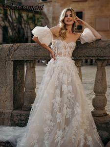 최신 연인 분리 가능한 소매 A- 라인 웨딩 드레스 환상 3D 꽃 아플리케 레이스 신부 가운 로브 드 마리에