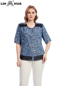 LIH HUA Womens Plus Size Denim Shirt Cotton Woven Print Button Short Sleeve Crew Neck Casual Top 240419