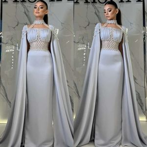 With Dresses Elegant Sier Evening Grey Sheath Pearls Cape Beaded Peplum Prom Dress Arabic R Muslim Formal Dresses For Women