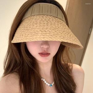 Bollkåpor Straw Woven Summer Hatts For Women Empty Top Wide Brim Outdoor Riding Sun Travel Beach UV Protection Female