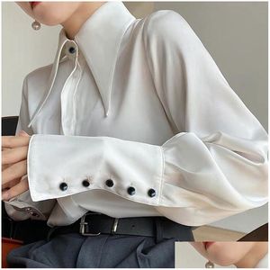 Camisas femininas Camisas femininas outumn vintage cetim de seda camisa elegante colar gola de colarinho branca de manga comprida dhjub