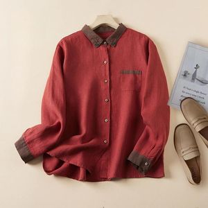 Women's Blouses Cotton Linen Shirt Summer 2024 Solid Vintage Loose Long Sleeve Patchwork Top Ladies Clothing YCMYUNYAN