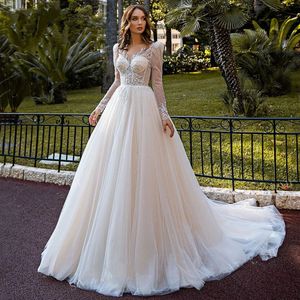 2024 glänzendes A-Linie-Hochzeitskleid Schatz Spitze Langarm Perlenprinzessin Brautkleid Plus Größe Mitte MAD MAD MADE MADE MADE