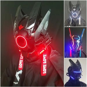 Leichte Shinobi Samurai Mask Cyberpunk Helm Cosplay Dreadlocks cool mit LED -Zöpfen Weihnachten Halloween Geschenkschrecken Wings 240430